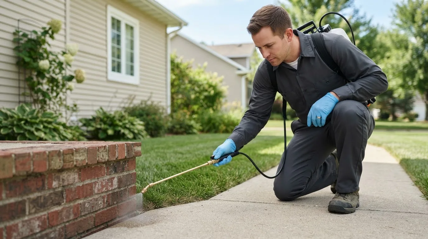 Pest control technician treating a home near Rule, TX