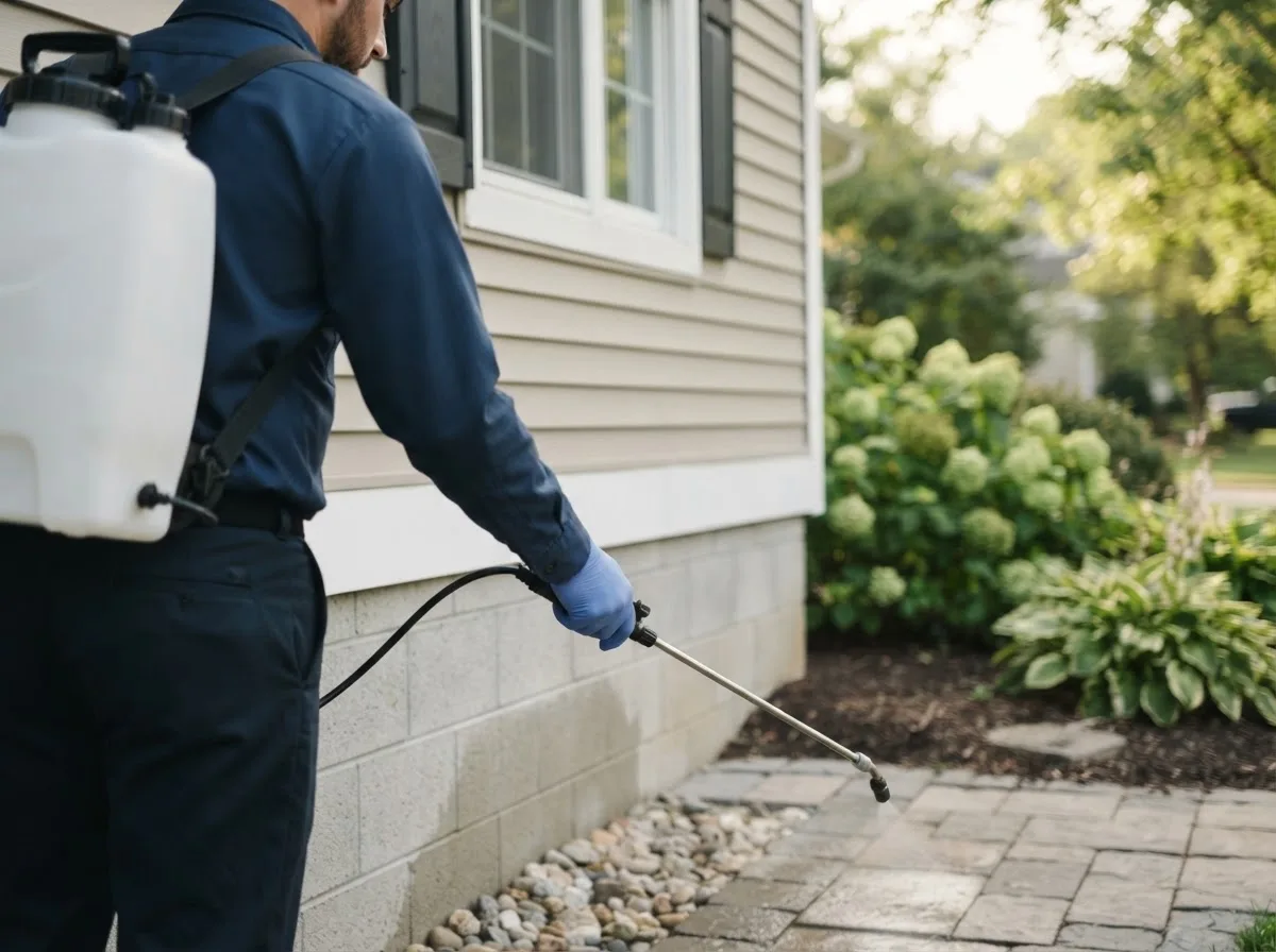 Pest control technician inspecting a home in Rule, TX